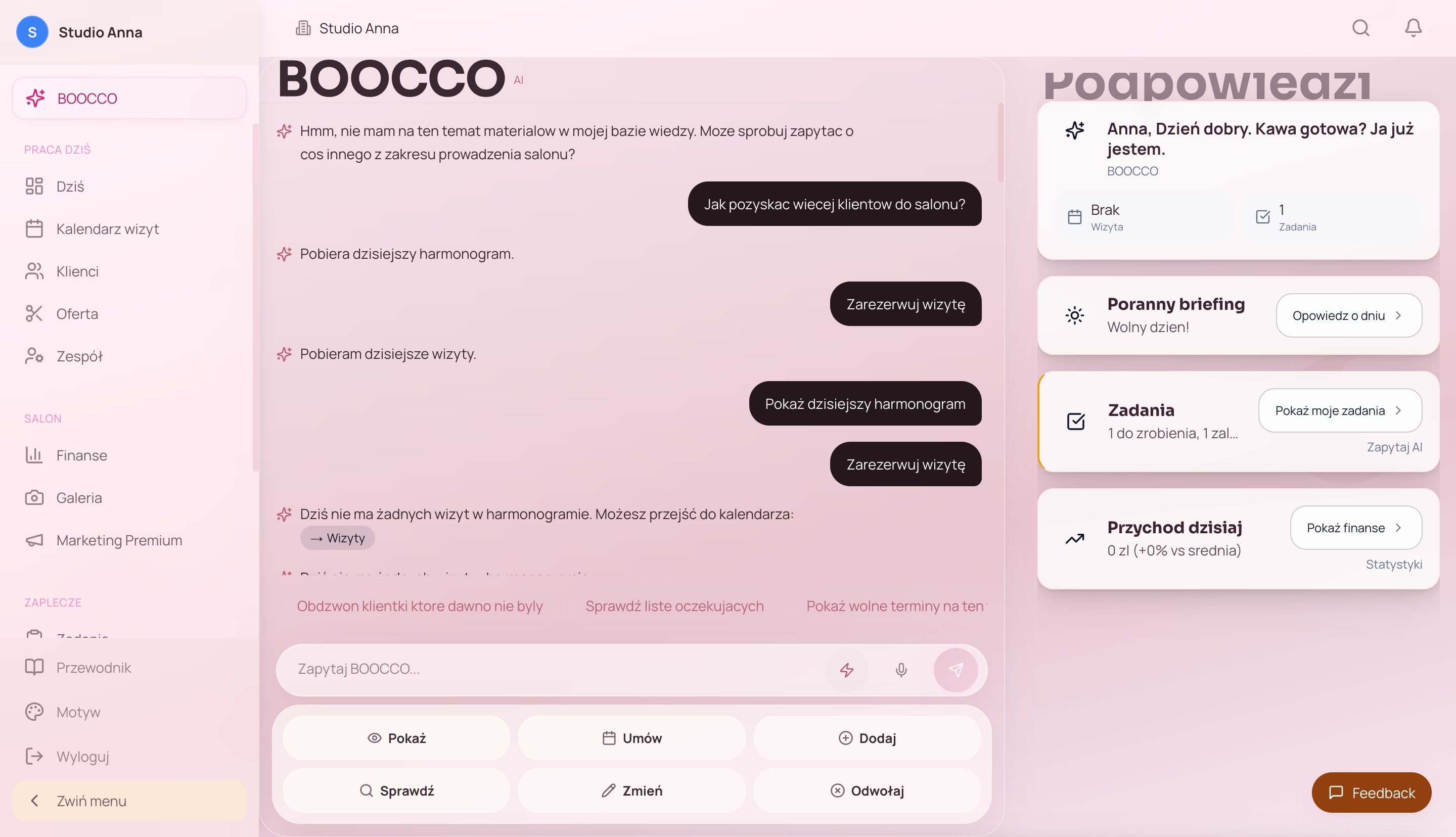 Widok zakładki Dziś w panelu Boocco