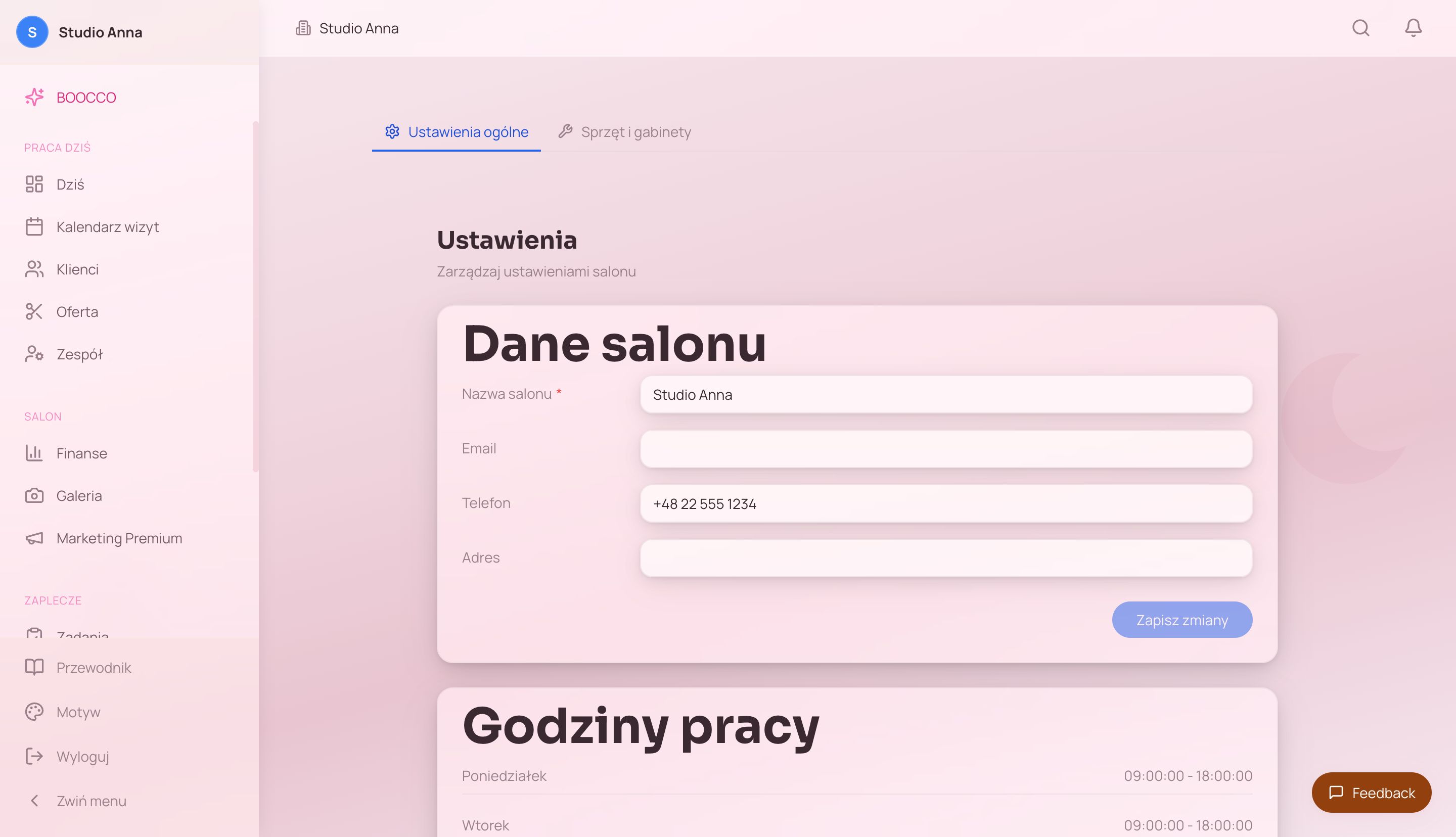 Widok zakładki Ustawienia w panelu Boocco