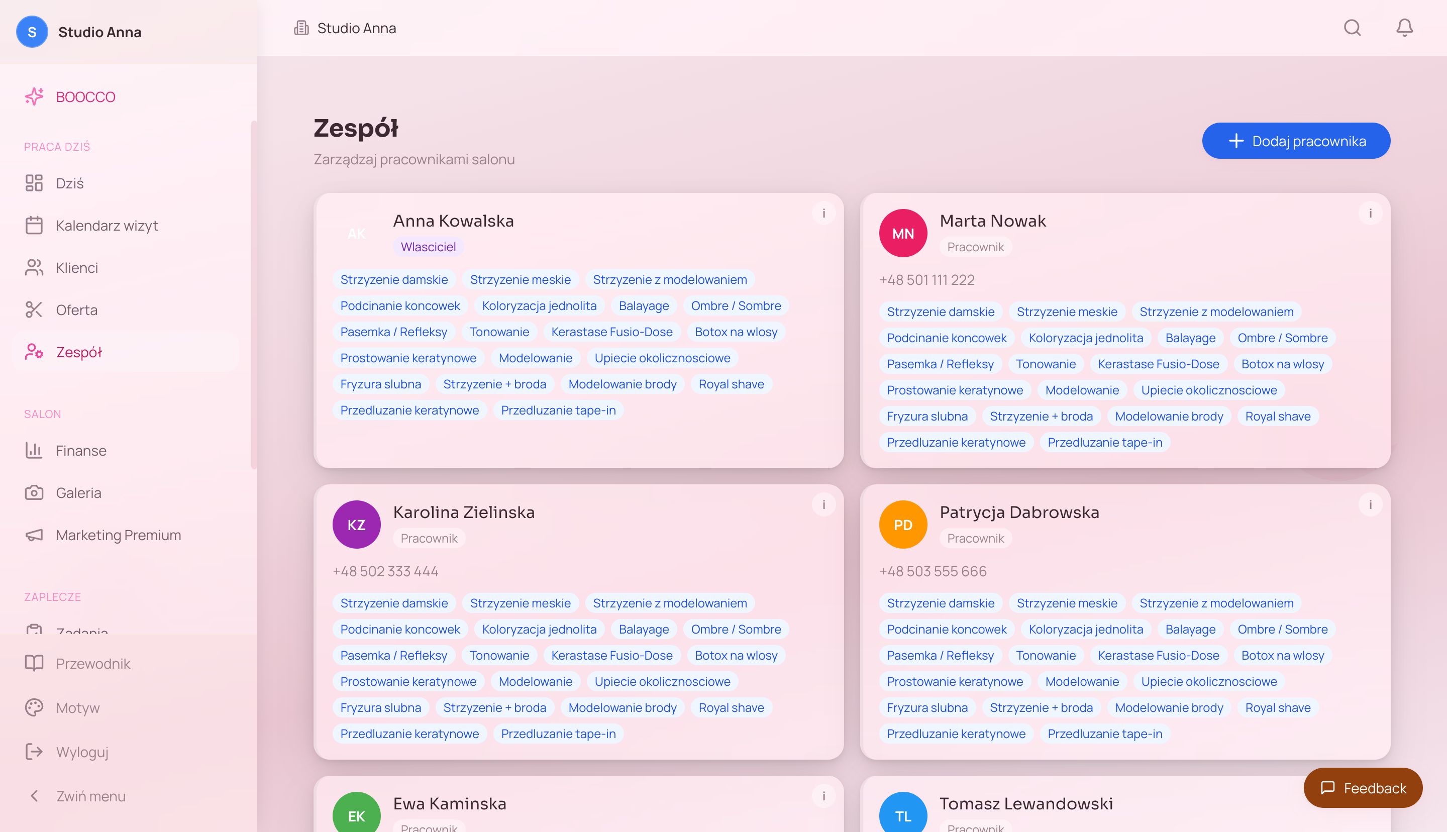Widok zakładki Zespół w panelu Boocco
